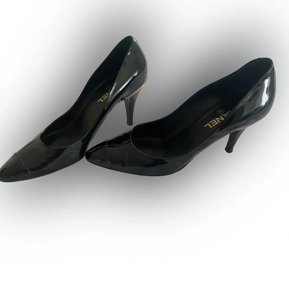 CHANEL Black Patent Leather Heels with Gold Accent size 39.5